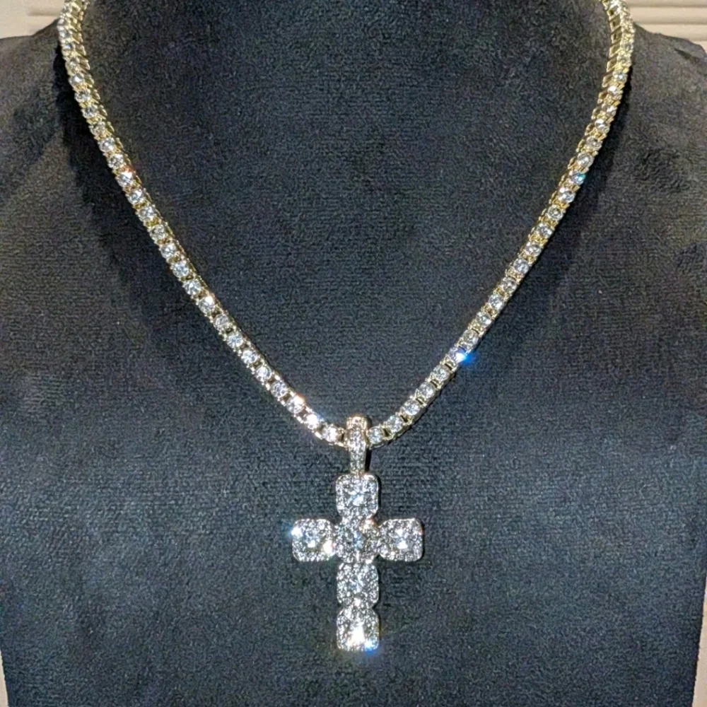14k Yellow Gold Plated Lab Created Diamond Cross Pendant Tennis Necklace 18
